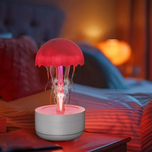White resin jellyfish aromatherapy diffuser with 7-colour night light and 300ml tank on a desk
