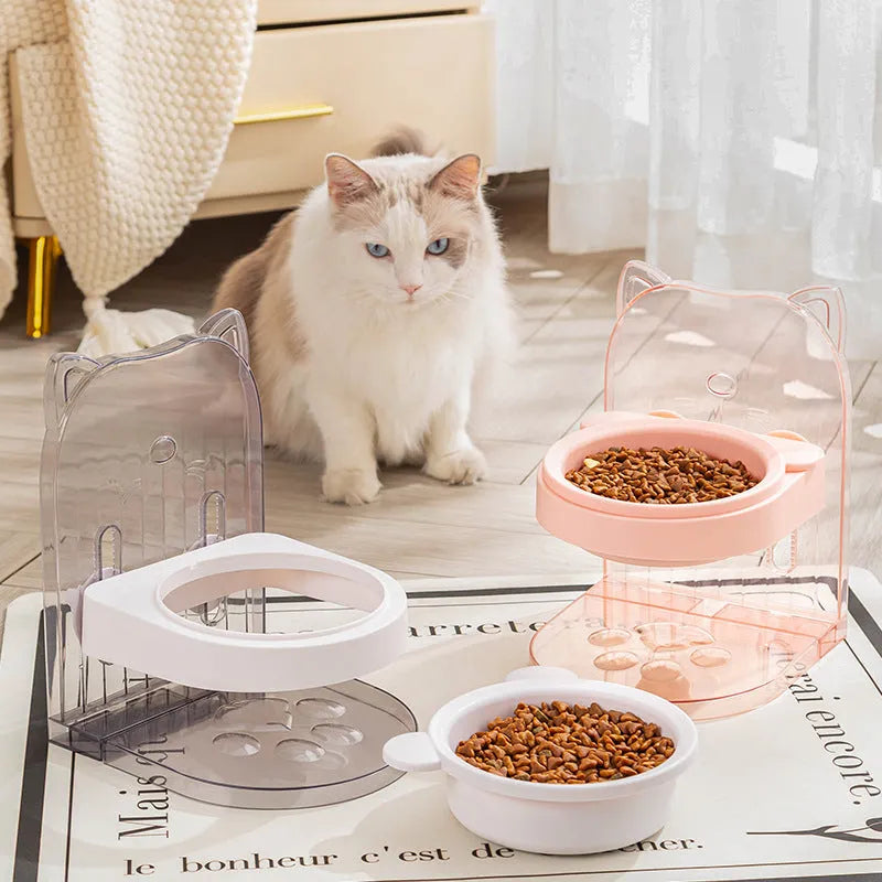 Grey cat ear anti-spill feeding bowl with adjustable height and removable hanging cage attachment