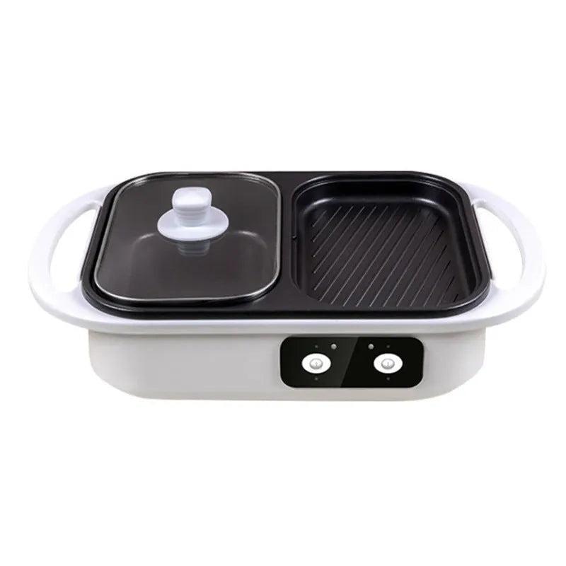 Green and white dual-use electric hot pot and frying oven appliance on a kitchen counter.