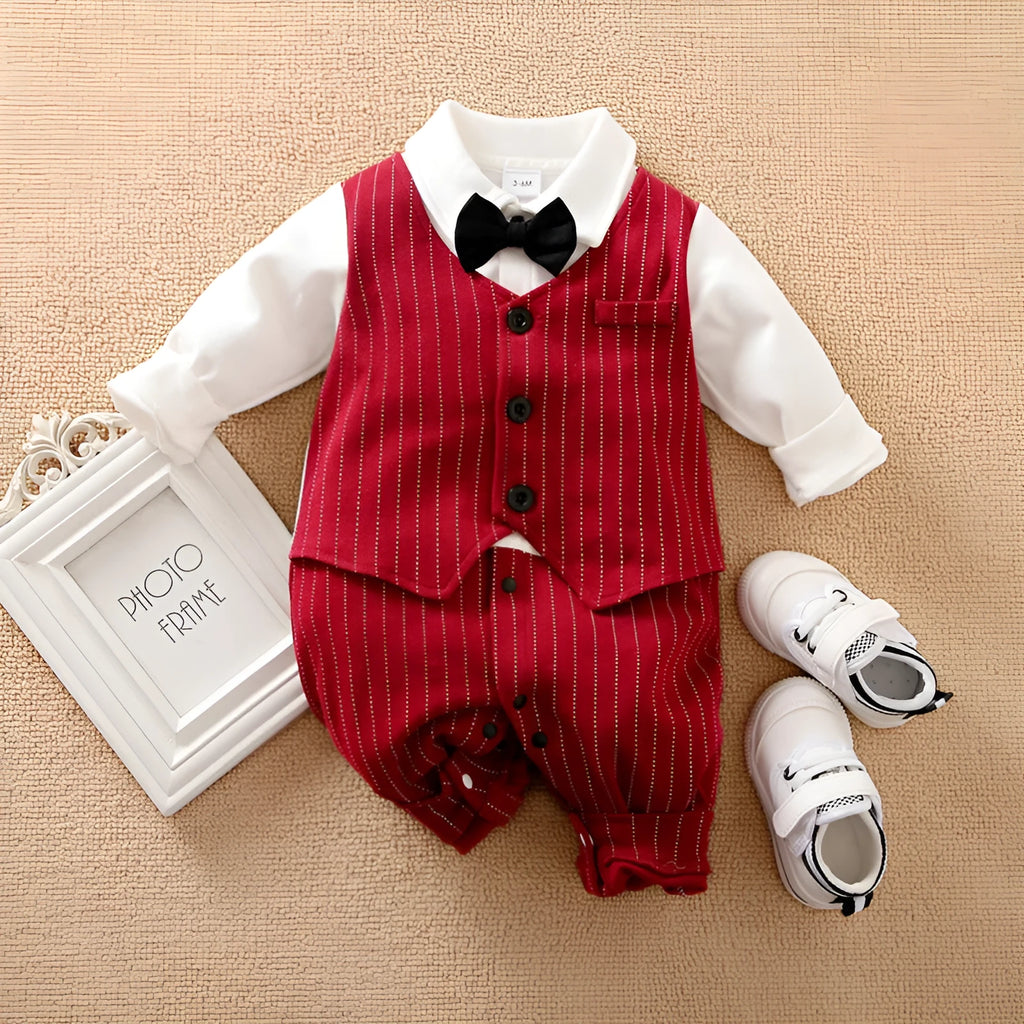 Wine red long sleeve cotton baby boy romper suit with single-breasted closure for spring and autumn wear.