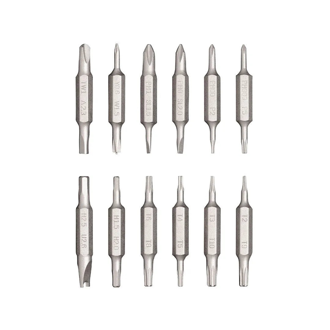 24-in-1 electronic repair screwdriver set with hexagonal handle and magnetic bit storage in black green grey red colours