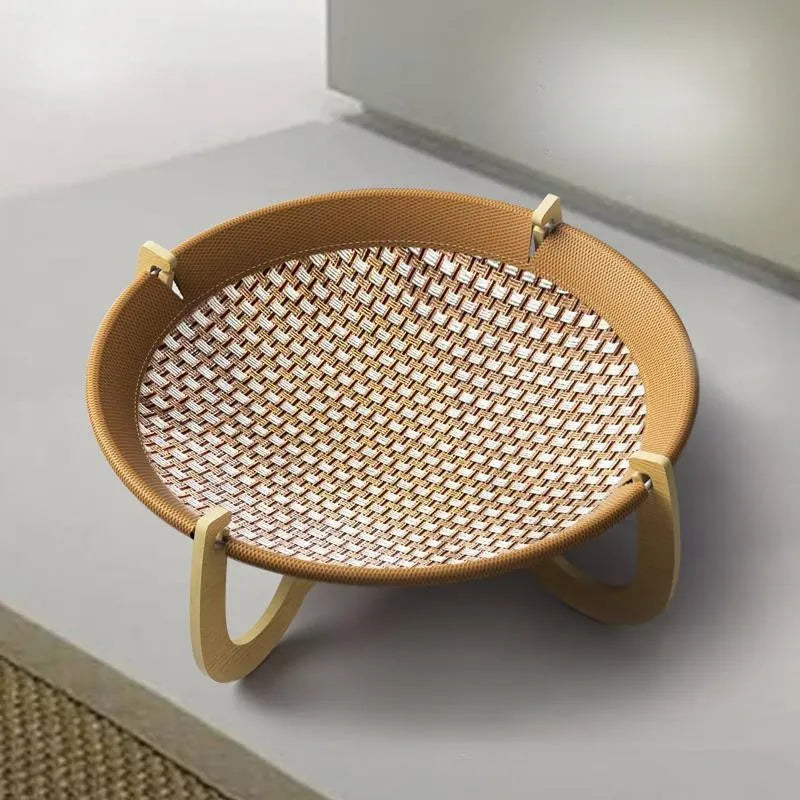 Brown woven rattan pet bed measuring 46 cm square with raised sides for cats and small dogs