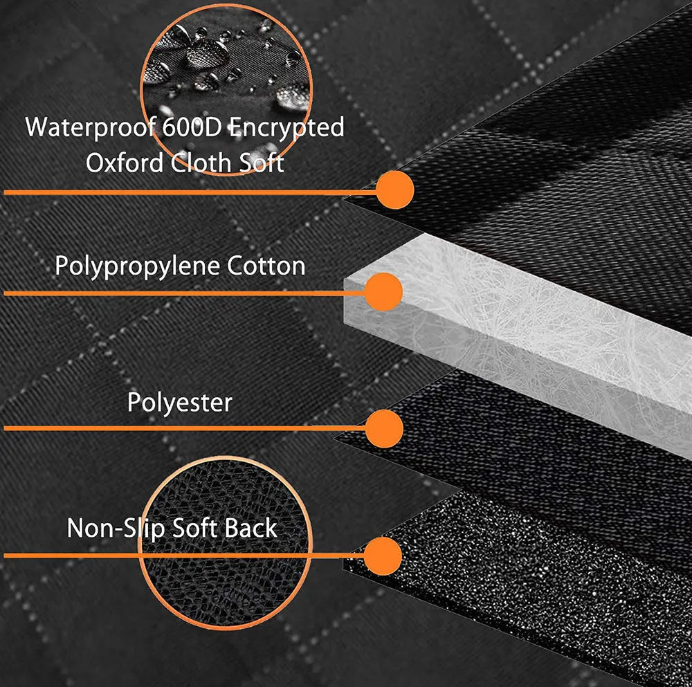Black pet car seat mat with orange trim, showing mesh window and storage pocket on rear seat.
