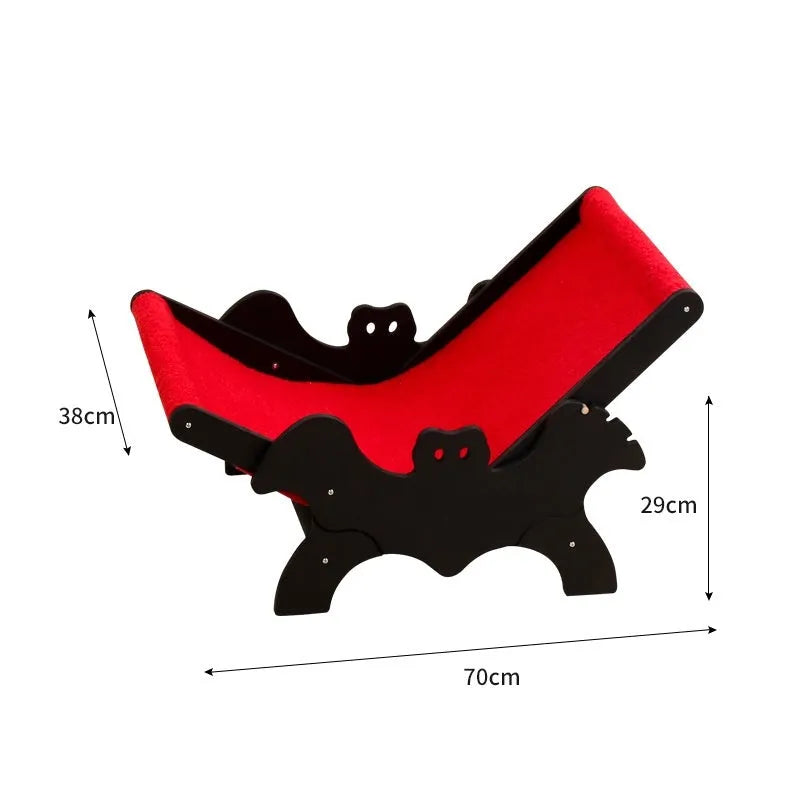 Black and red bat-shaped wooden cat recliner bed with Halloween theme