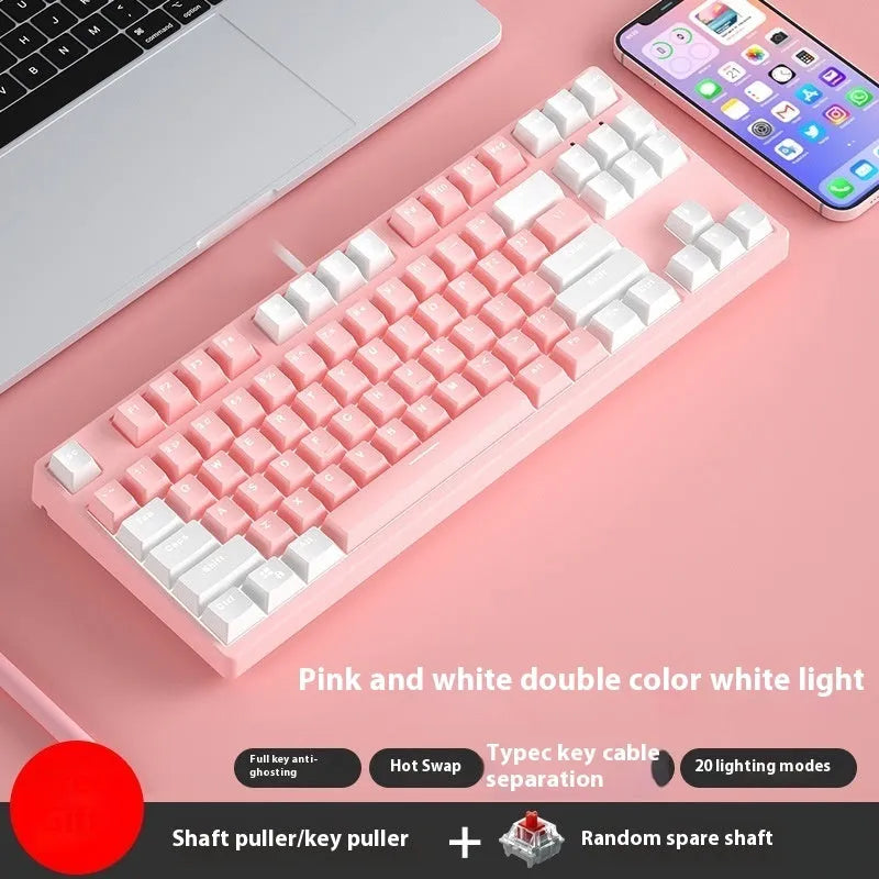 87-key wired mechanical gaming keyboard with colourful keycaps on a metal frame, shown with key puller and cable.