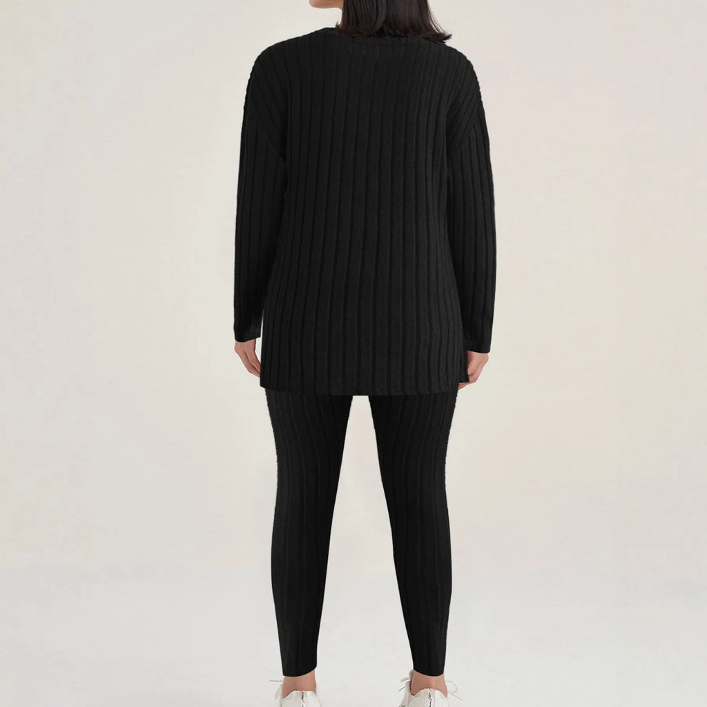 Women's black sunken stripe polyester homewear set with regular sleeves and trousers
