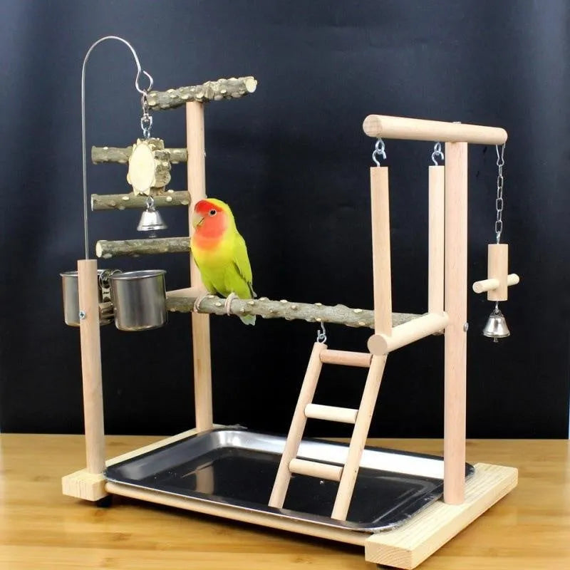 Pepper wood parrot stand with sub-stand pole, natural finish, isolated on white background