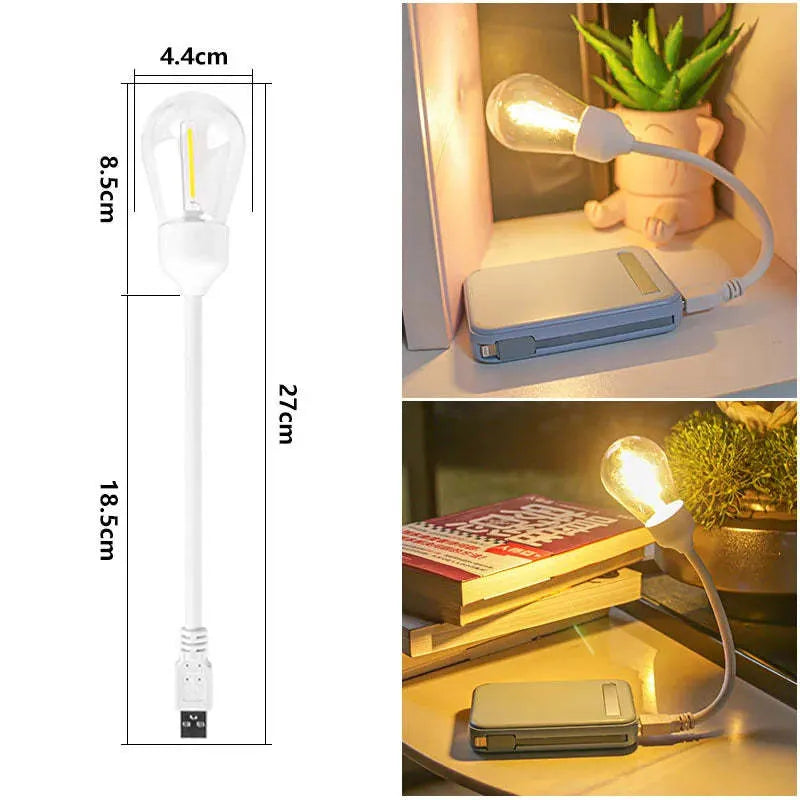 USB rechargeable folding night light with tungsten filament LED bulb in open position