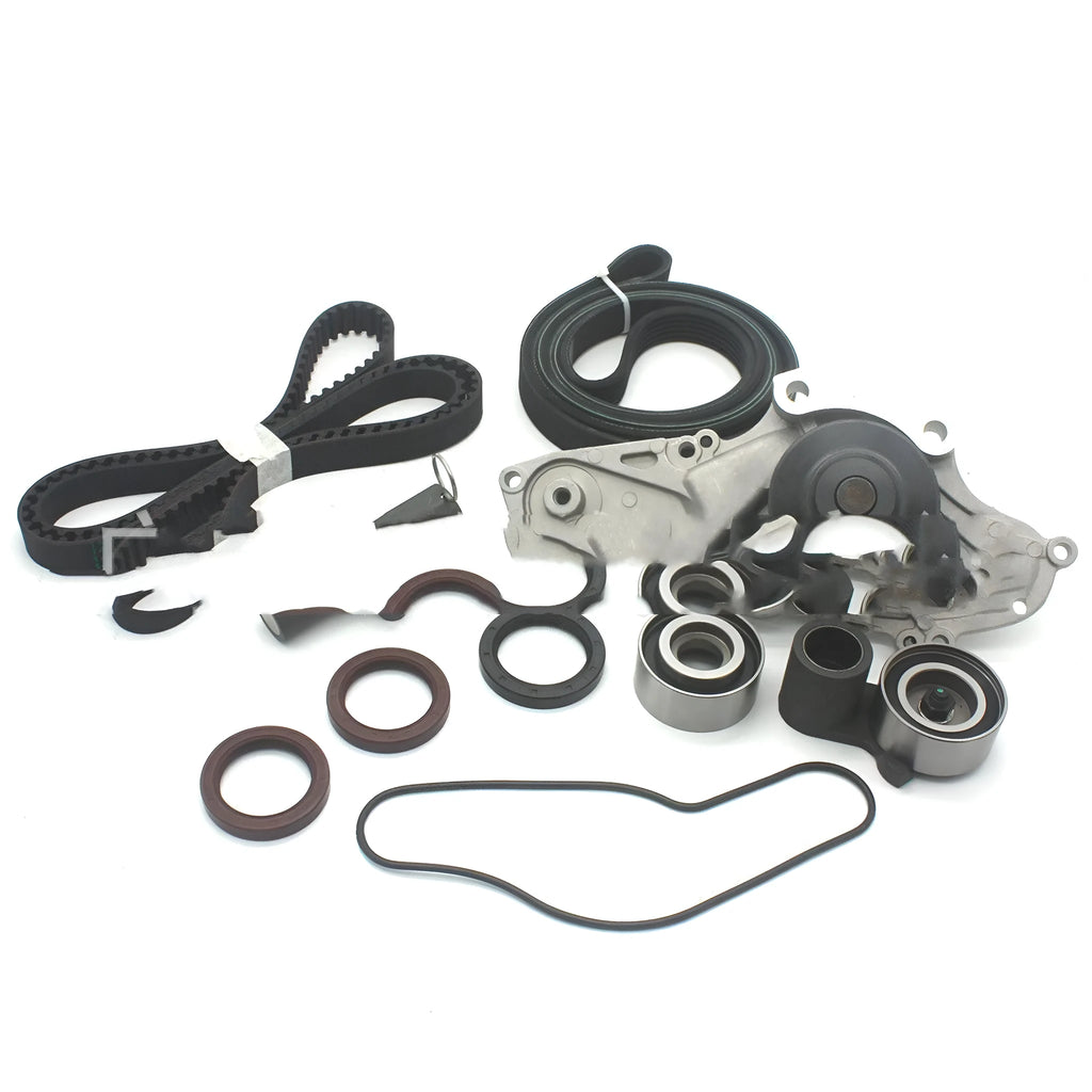 Metal automotive water pump and belt assembly for cooling system repair.