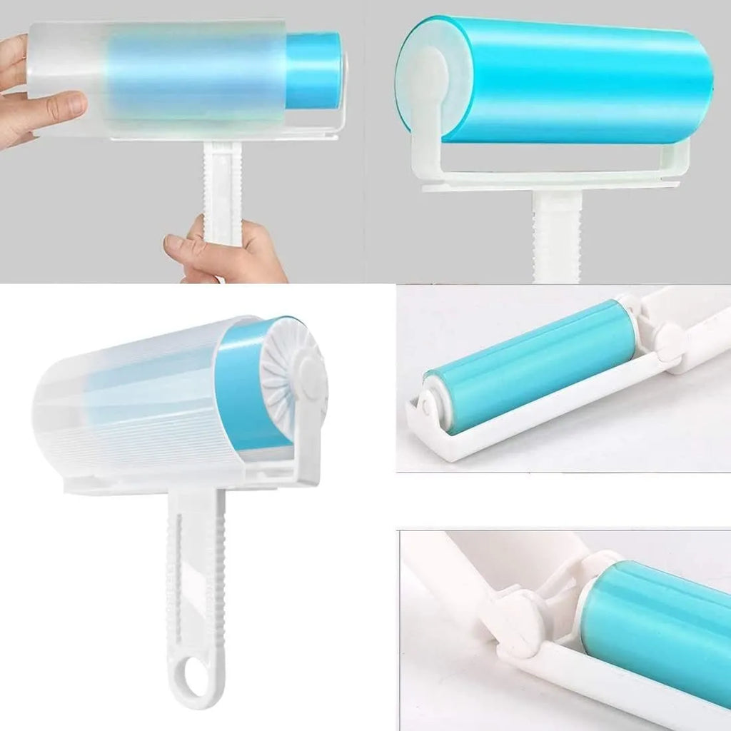 Reusable washable lint roller with protective cover for pet hair removal.