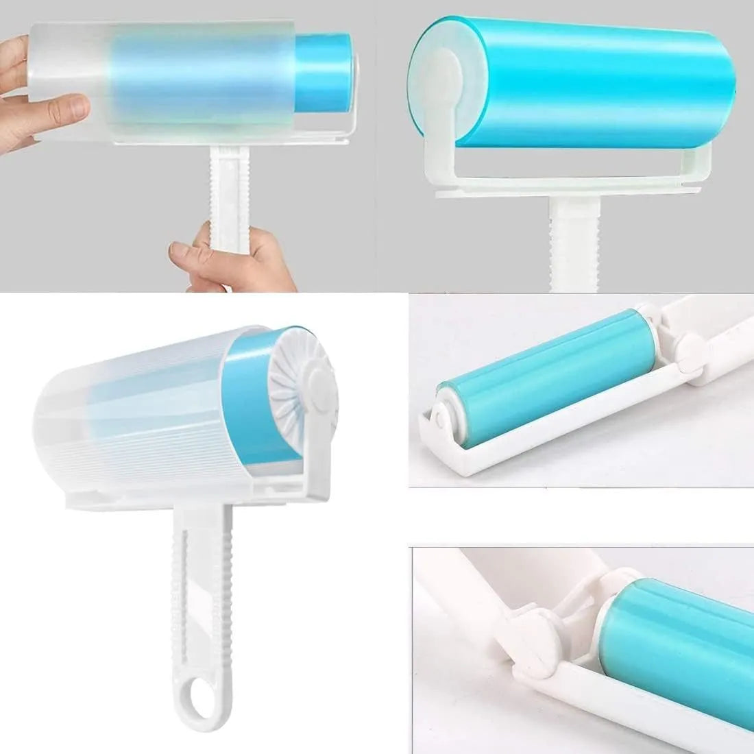 Reusable washable lint roller with protective cover for pet hair removal.