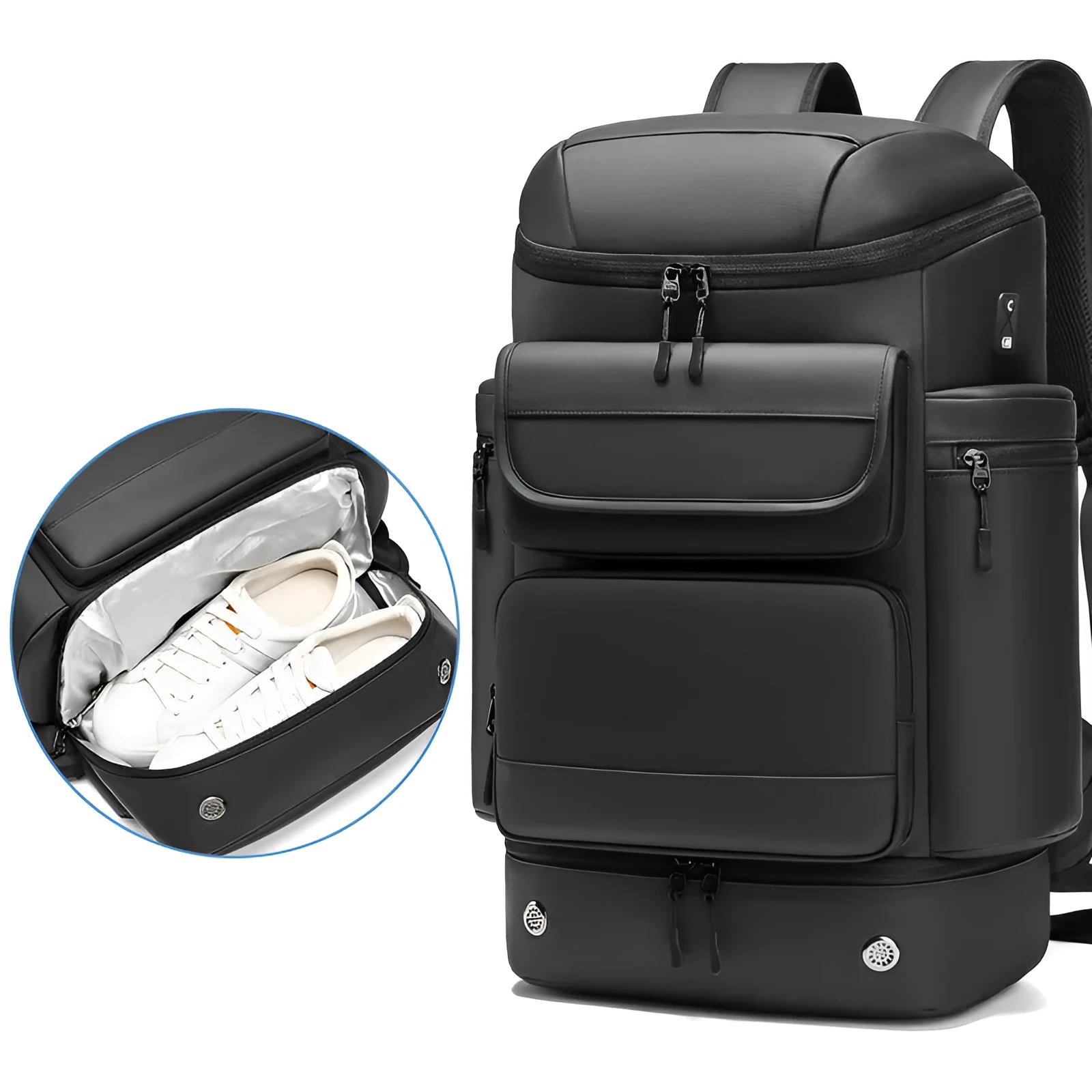 Men's large capacity black waterproof shoulder backpack 21 inch for travel and business