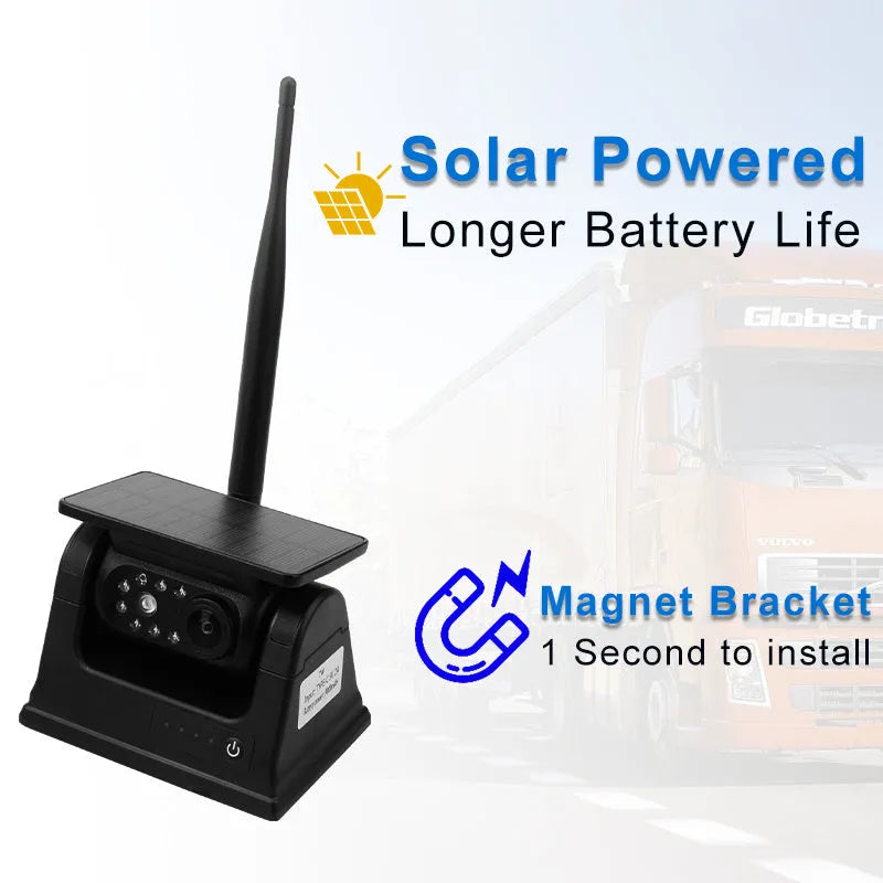 Black solar-powered wireless vehicle camera with aluminium alloy shell and a magnet base for mounting.