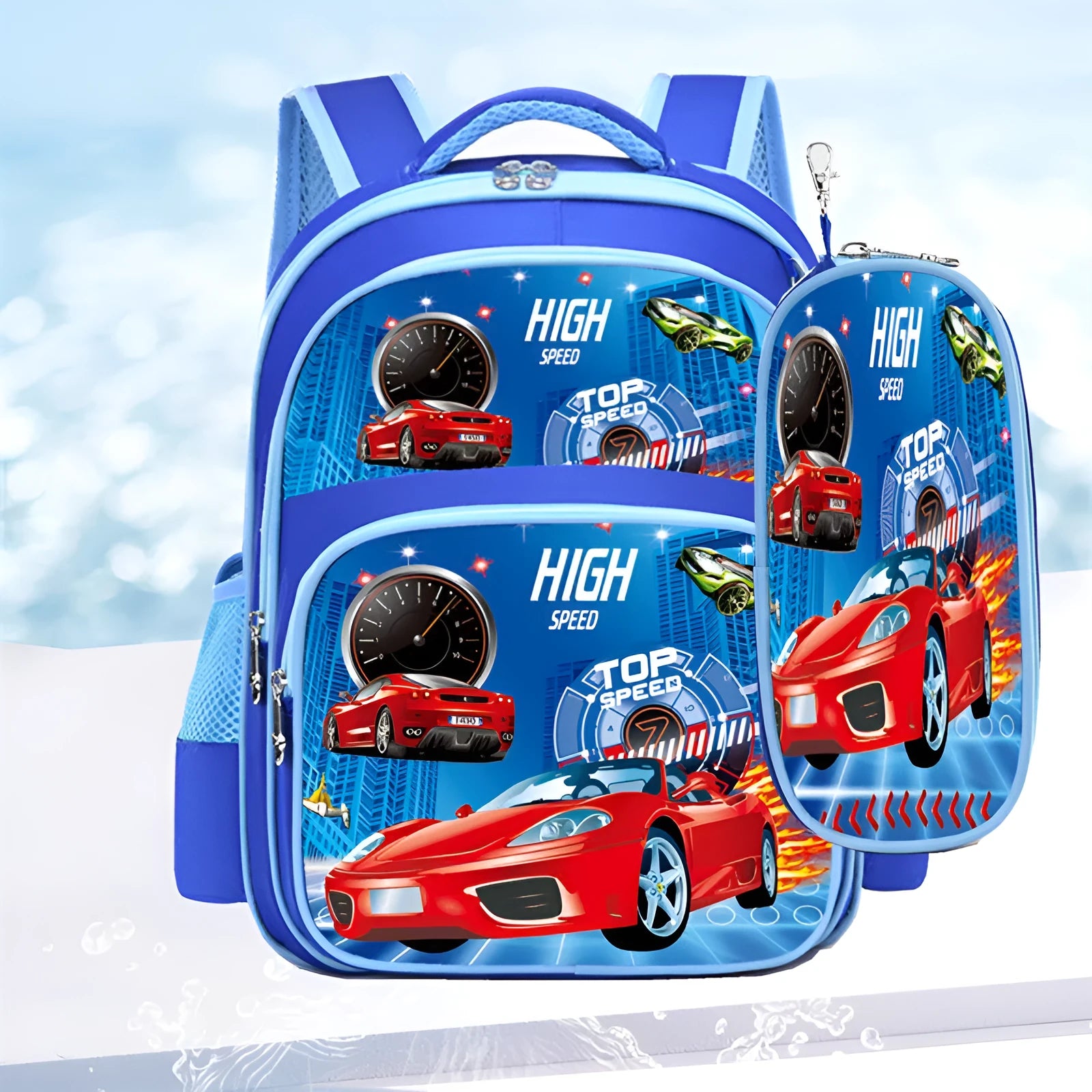 Blue cartoon print children's nylon school backpack with pencil case, shown with dimensions.