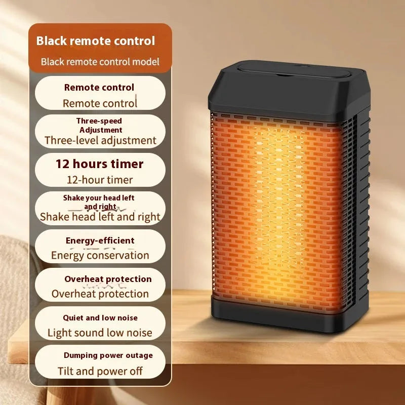 Black remote control smart desktop heater with shaking head mechanism on a desk