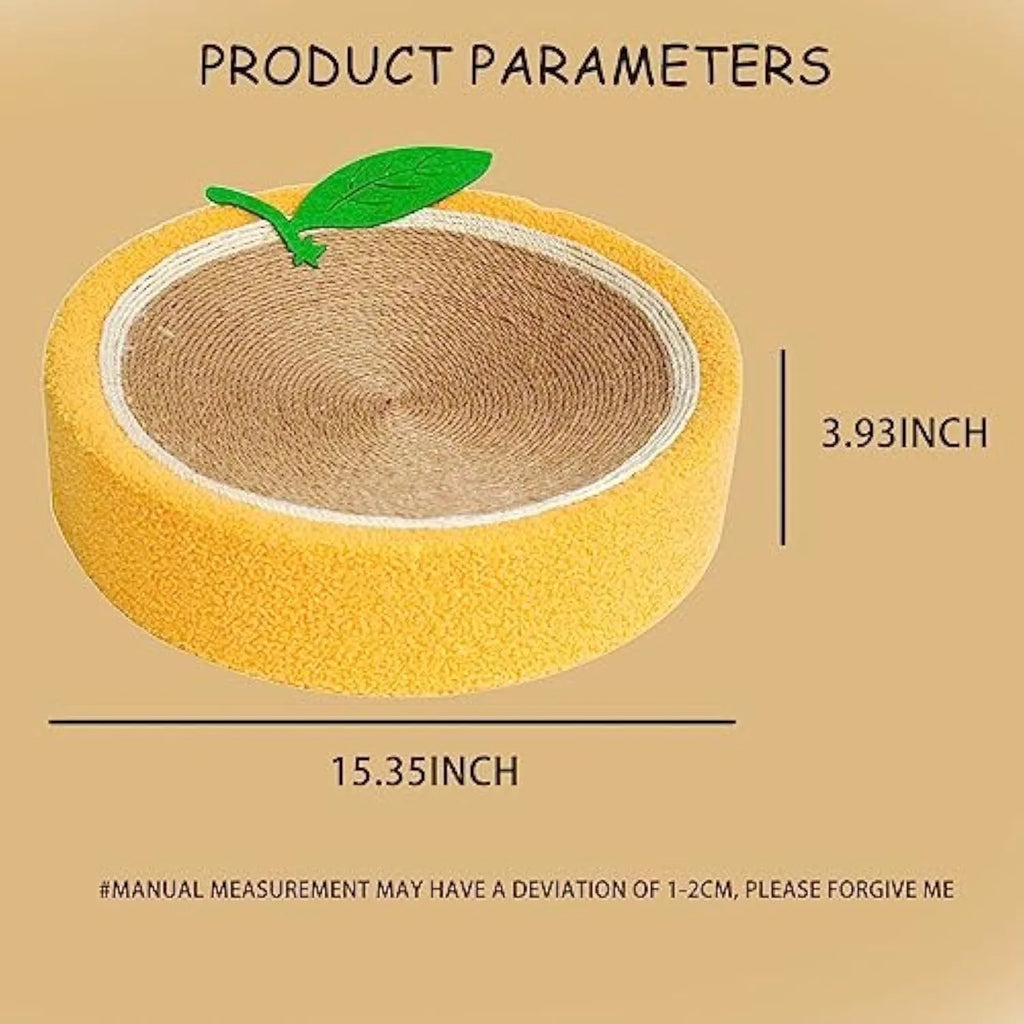 Yellow round sisal cat scratching board with concave centre, dimensions 390mm.