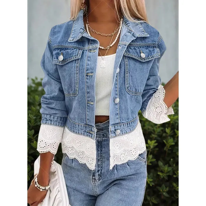 Blue lace stitching fashion denim jacket for women long sleeve cotton coat
