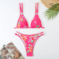 Women's floral printed halter polyester fibre briefs swimwear set in white with matching top and pants