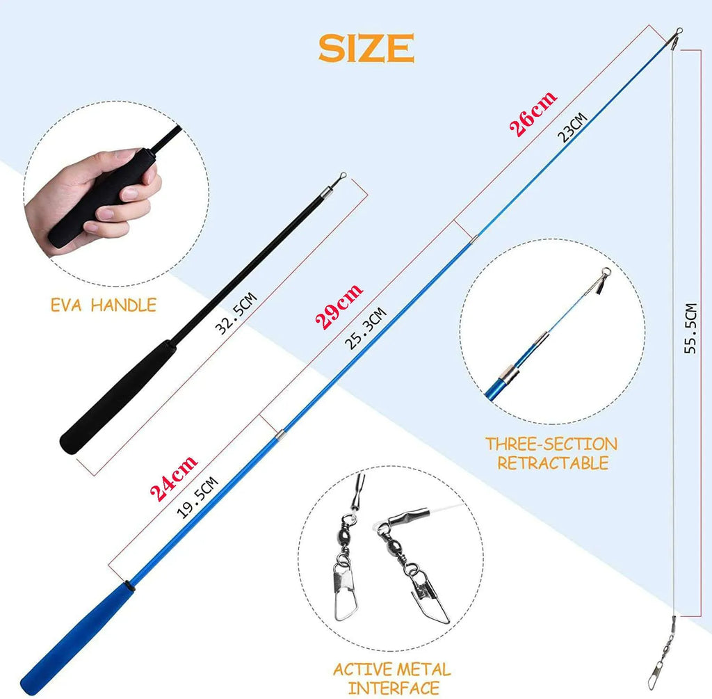 Cat teaser toy with extendable fishing rod and multiple feather replacement heads for interactive play