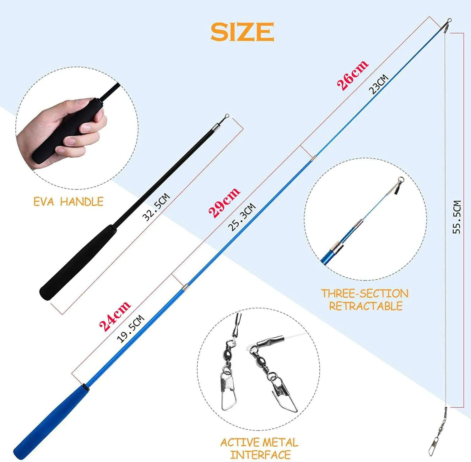Cat teaser toy with extendable fishing rod and multiple feather replacement heads for interactive play