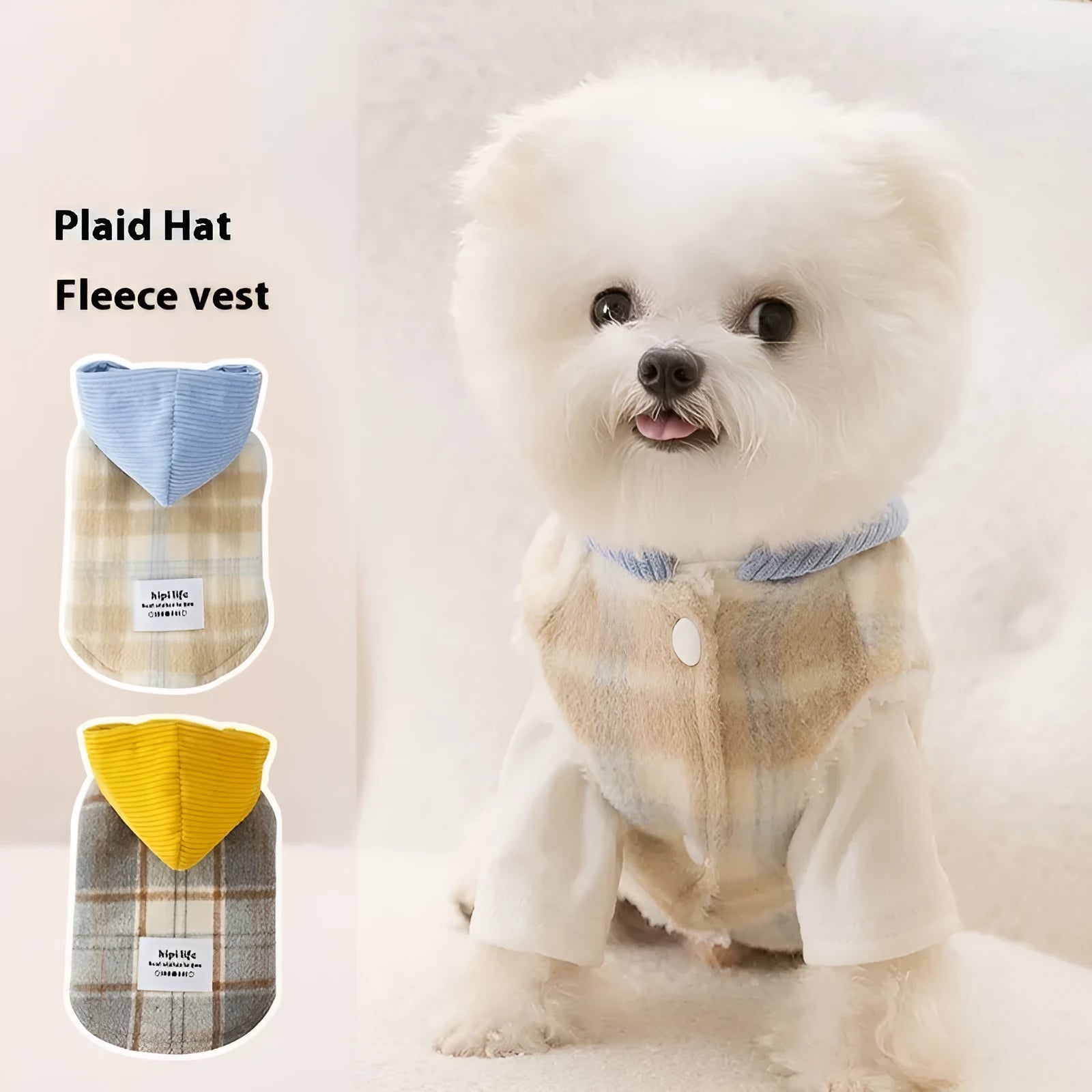 Blue corduroy dog hoodie vest with chessboard grid pattern and attached traction hood.