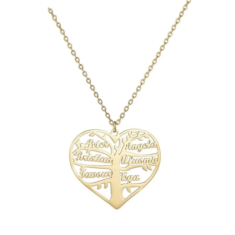 Personalised stainless steel necklace with a custom name pendant shaped as a tree inside a hollow heart on an adjustable chain.