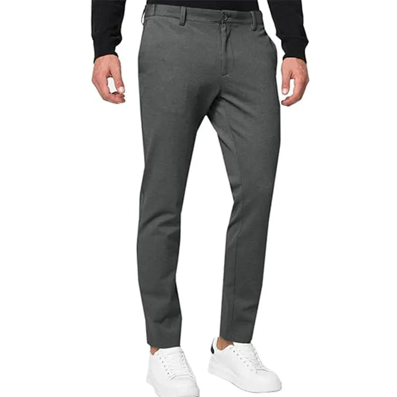 Men's chino slim-fit stretch pants in khaki with tapered leg and mid waist