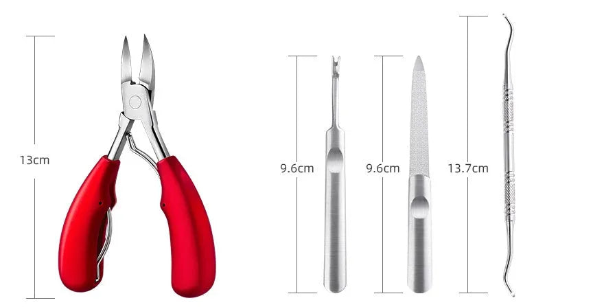 Stainless steel nail clippers with red, blue, and black ABS handles and two blade types.
