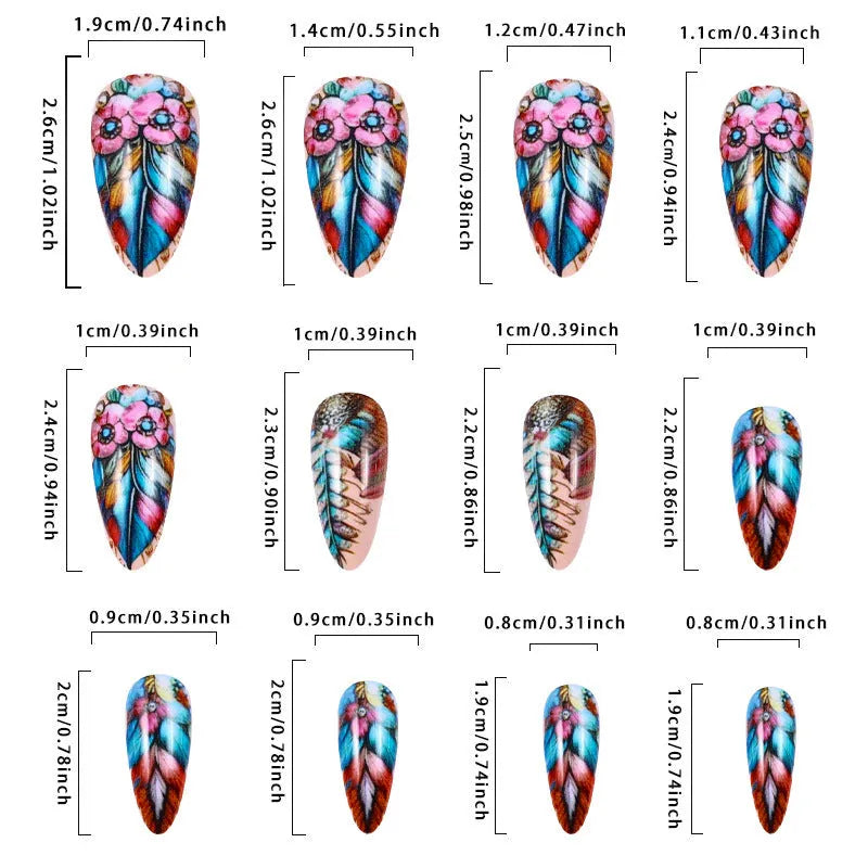 Retro colourful feather wear armour nail art set with jelly glue burnishing stick, plastic decorative pieces, for ladies.