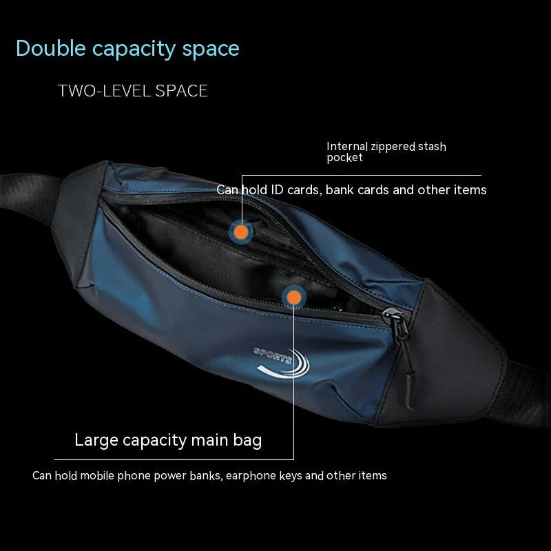 Men's blue waterproof sports waist bag made from Derm Oxford polyester, shown with adjustable strap.