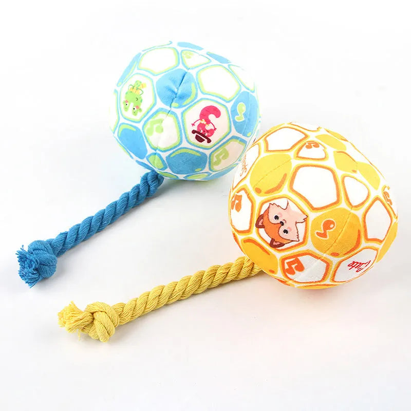 Blue dog elastic football tug of war ball made from cotton rope with bright cartoon design