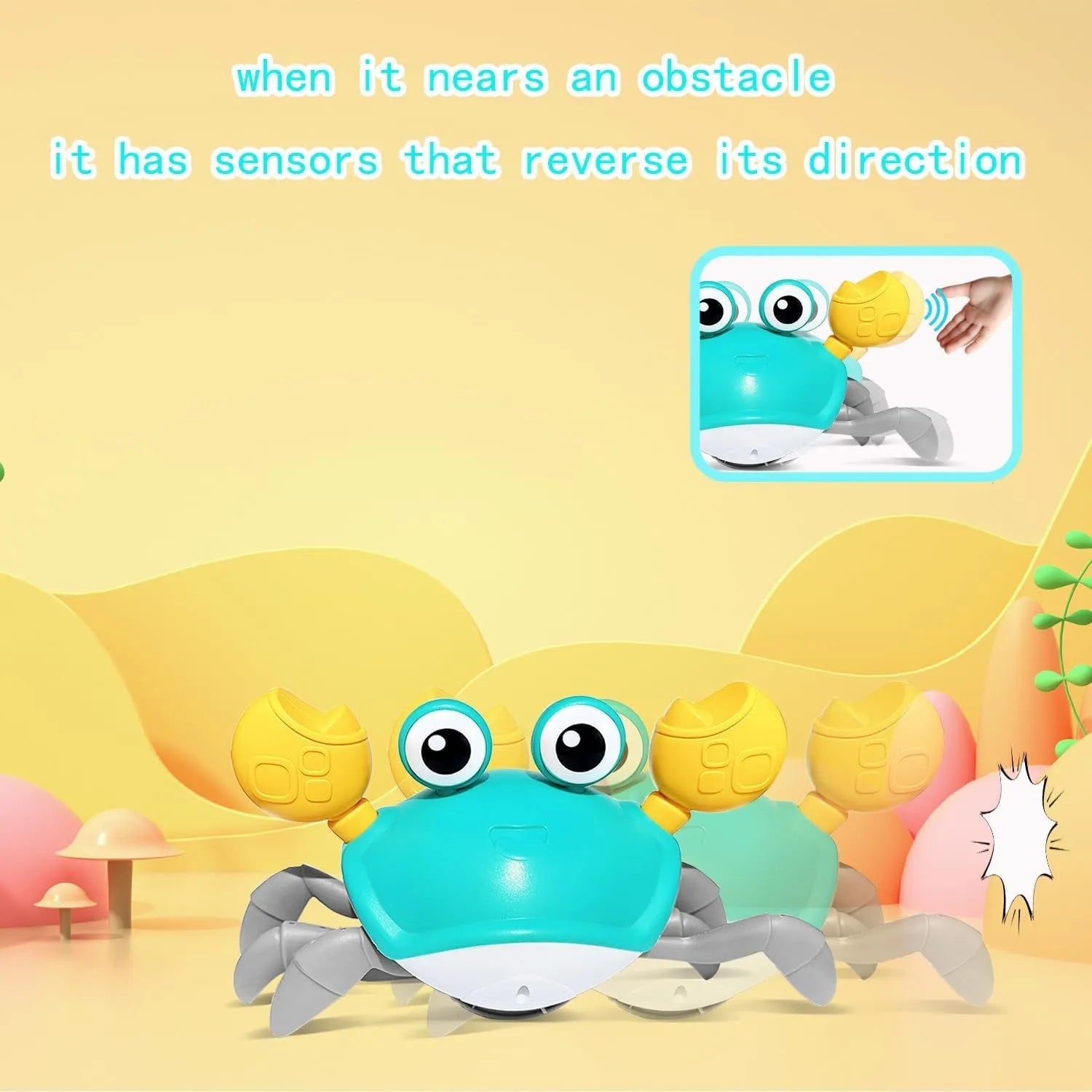 Blue interactive crawling crab dog toy with electronic sensors for obstacle avoidance