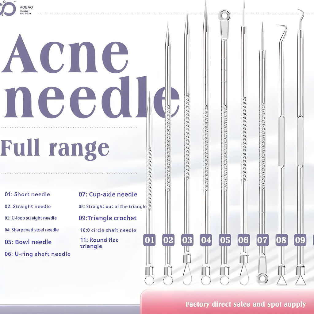 Four silver metal acne needles with fine pointed tips laid out on a surface.