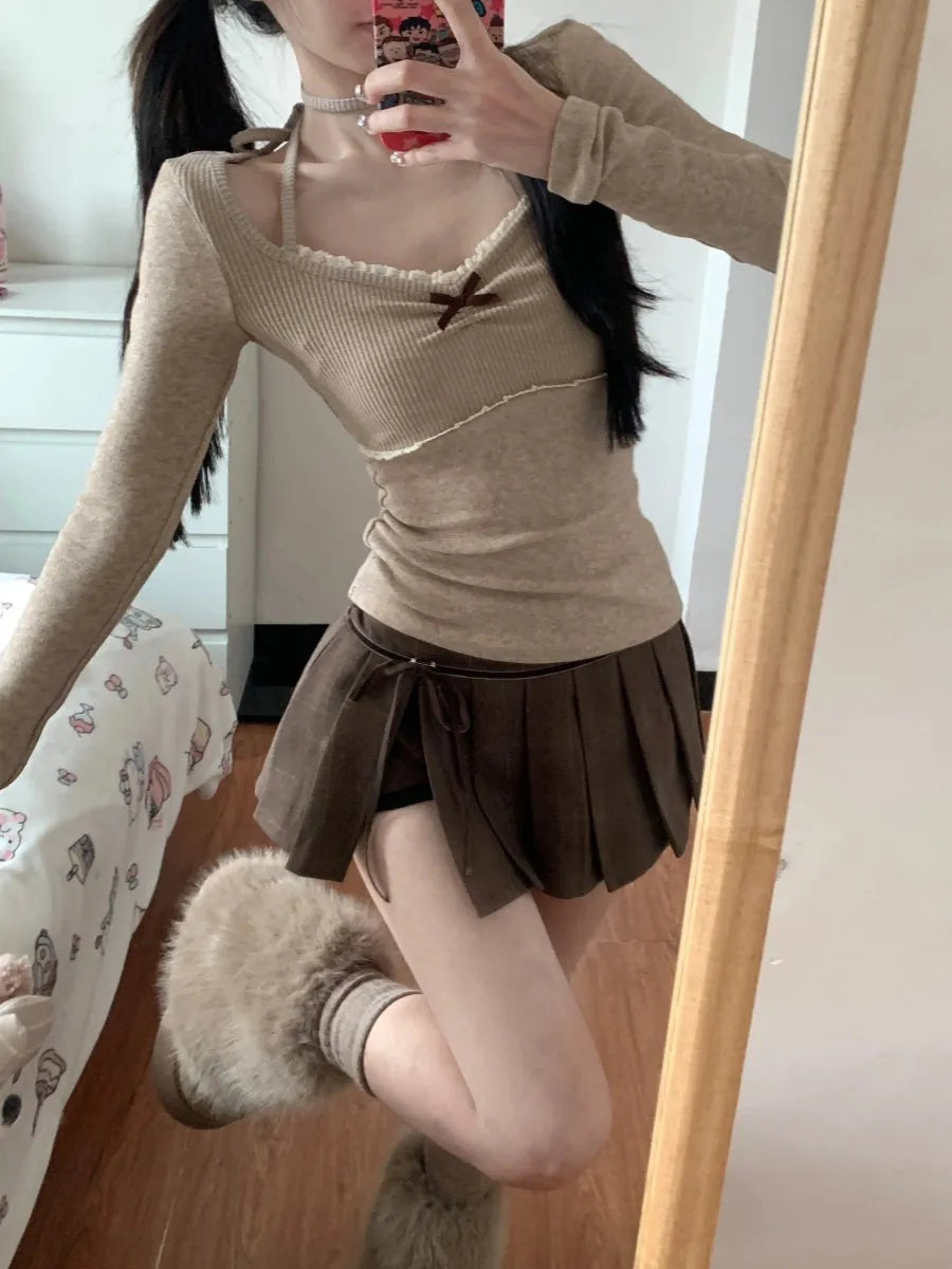 Women's halter lace V-neck sweater in Milk Tea colour, slim fit spring top with lace trim and V-neckline
