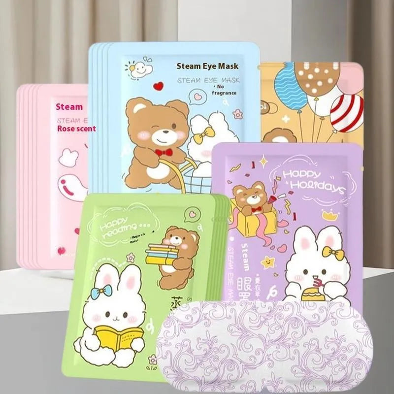 Cartoon steam eyeshade with rabbit and bear design, hot compress cotton eye mask for eye fatigue relief