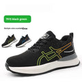 Black and blue low-cut safety shoes with mesh upper and rubber outsole for workplace protection.