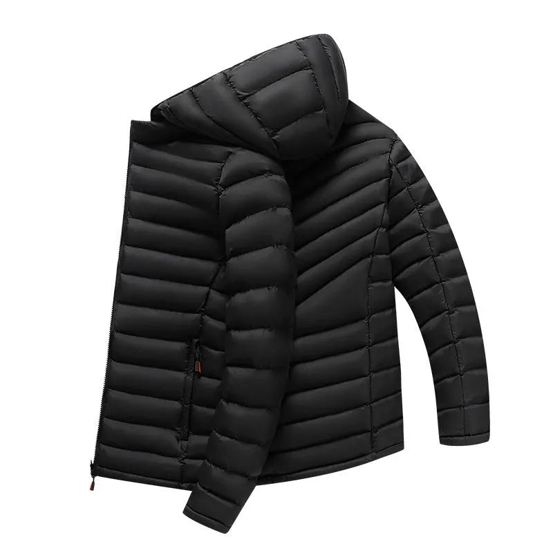 Men's lightweight down cotton-padded jacket in black with hood and zipper pockets, shown front view