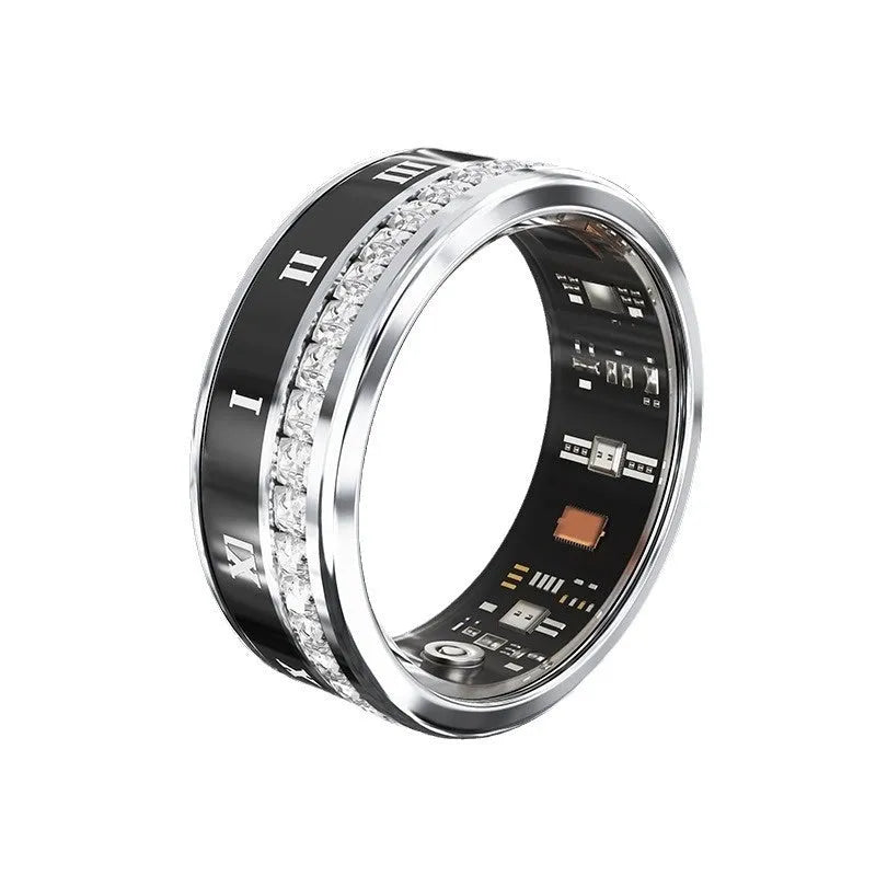 Silver and gold diamond inlaid smart rings for adults showing wearable technology on finger.