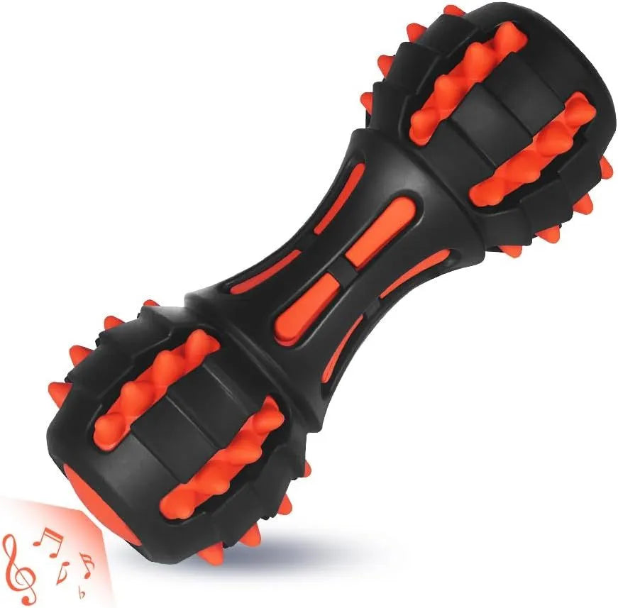 Red durable rubber dumbbell-shaped dog chew toy for large breed aggressive chewers