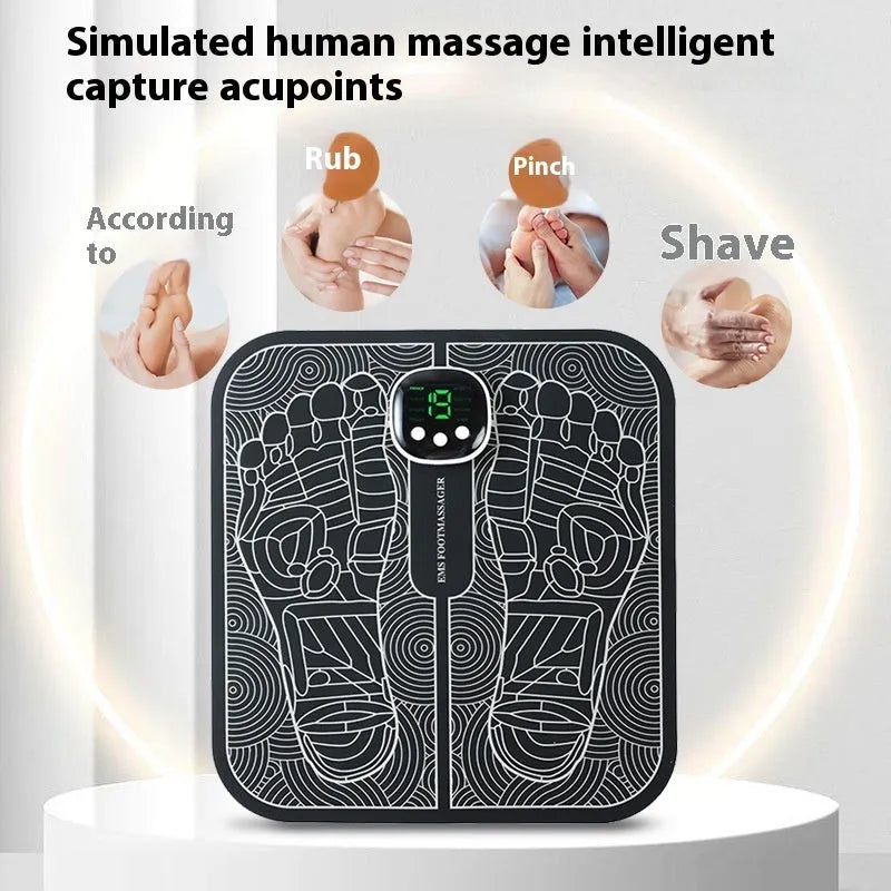 Blue square USB rechargeable foot massage mat with remote control on floor