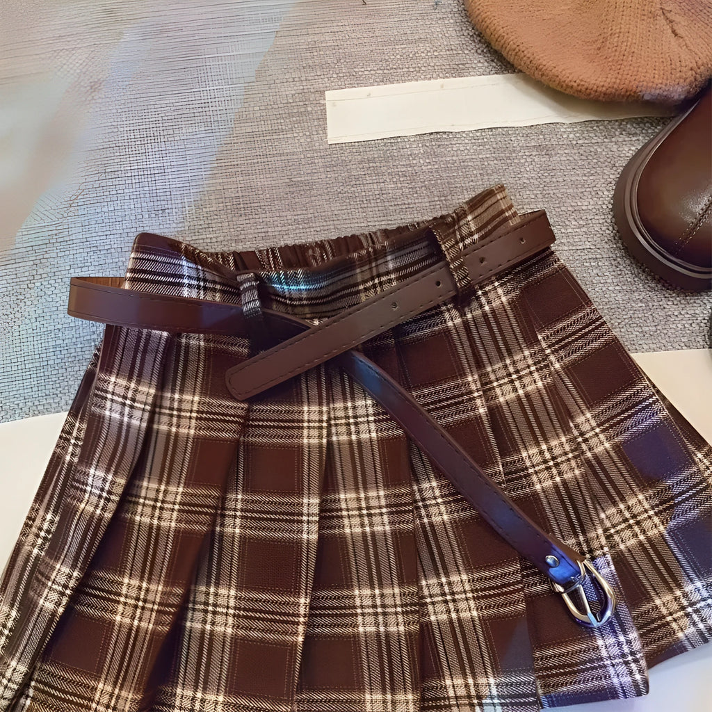 Girls plaid pleated A-line skirt in cotton blend, shown on hanger.