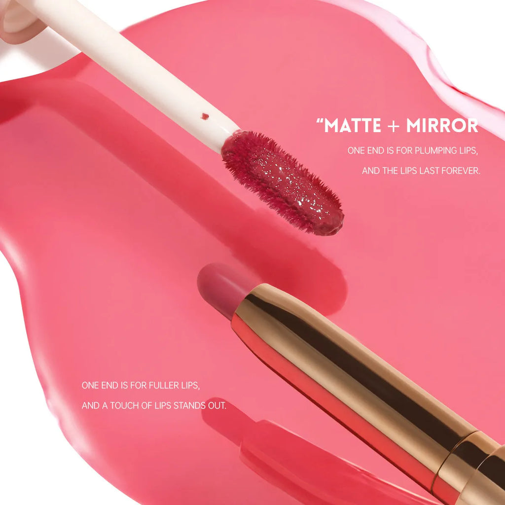 Double-headed lipstick and lip gloss stick showing ten colour options with matte finish
