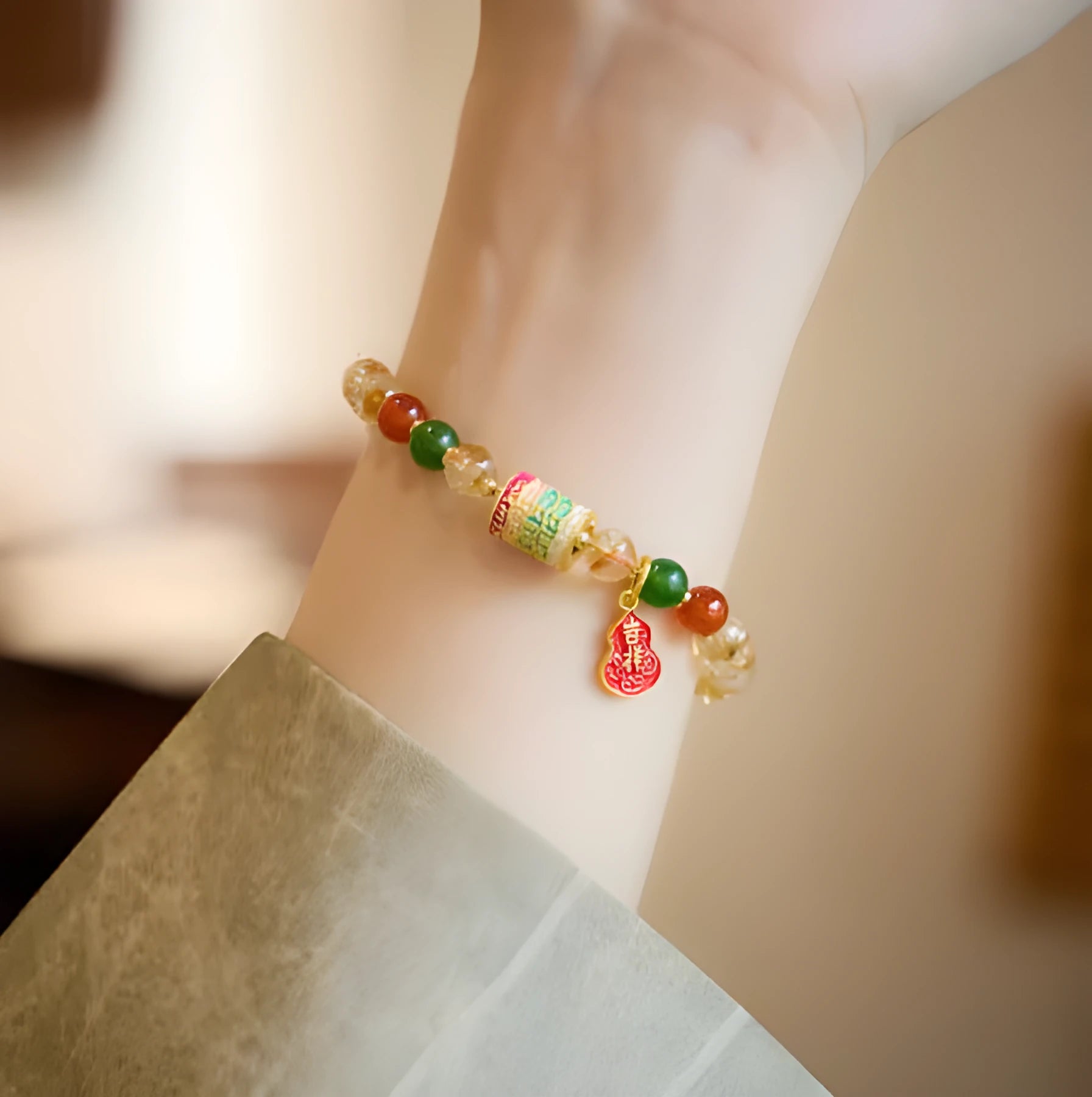 Citrine five sutra hand-woven crystal bracelet with geometric design on neutral background