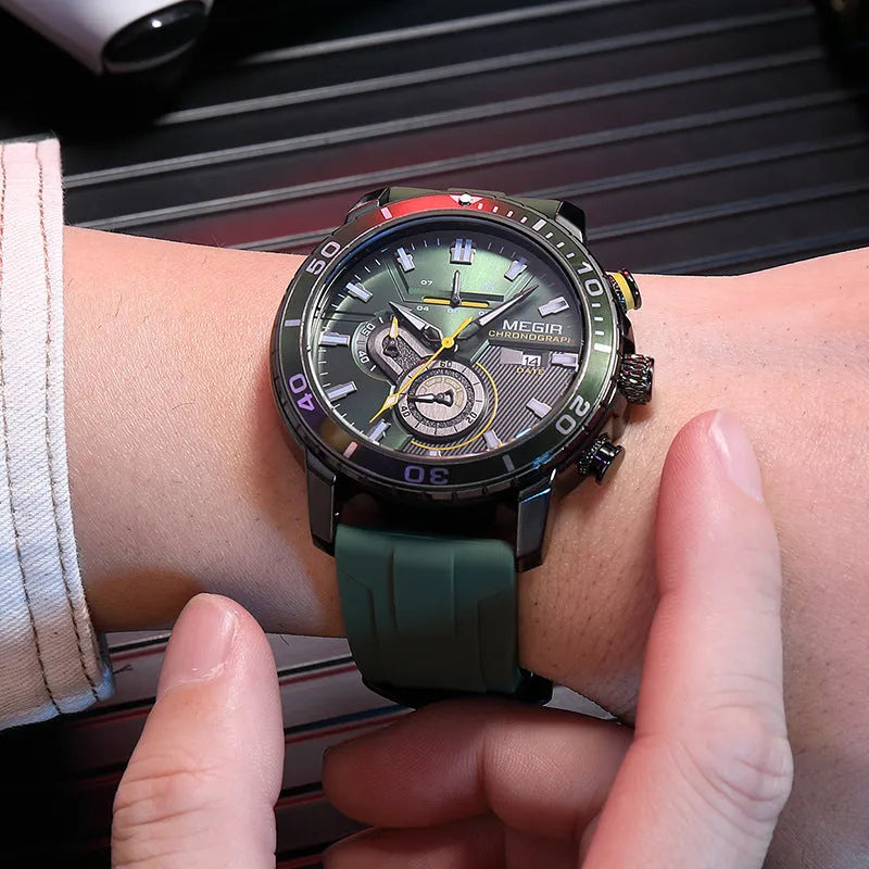 Men's multi-function chronograph calendar sports watch with 53mm dial, mineral glass, stainless steel, blue dial colour