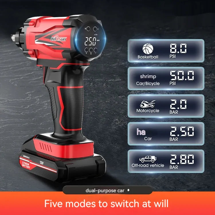 Red and black portable car air pump with digital display, power cable, and set of inflation nozzles.