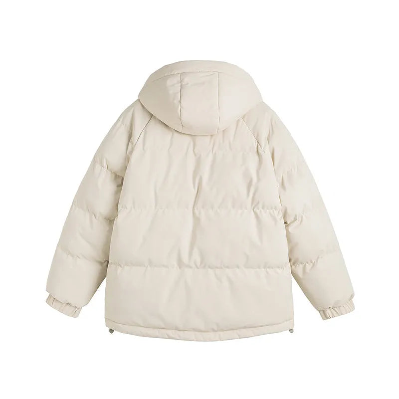 A loose-fitting, cardigan-style winter coat with a fake two-piece design and side seam pockets.