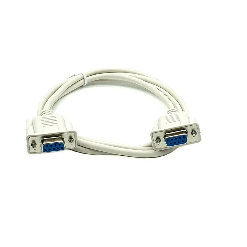 Milky white DB9 female to female RS232 serial port cable with cross wiring, 1.5 metres long.