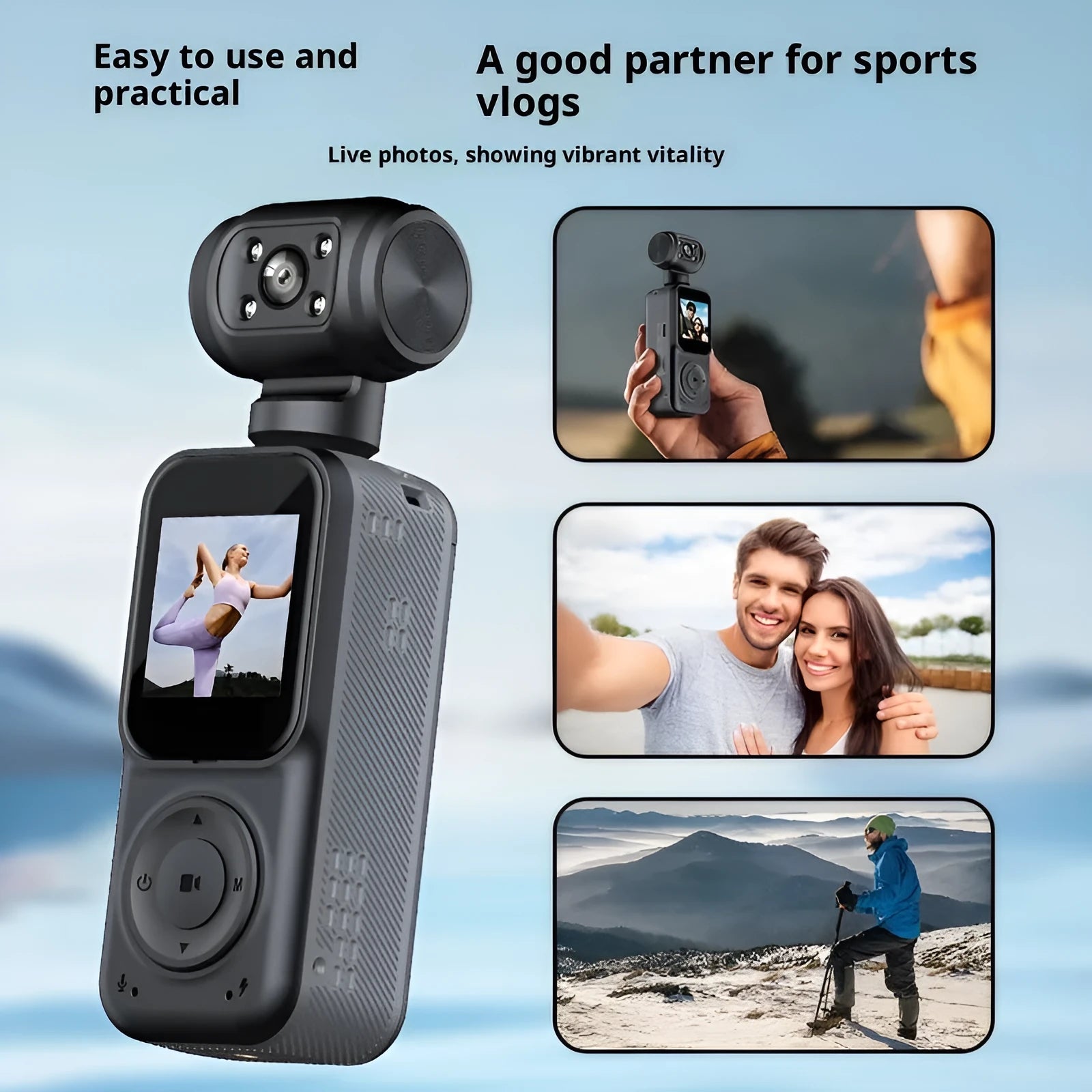 Q5 black handheld 4K camera with 140 degree wide angle lens and 1.5 inch LCD screen for outdoor riding recording