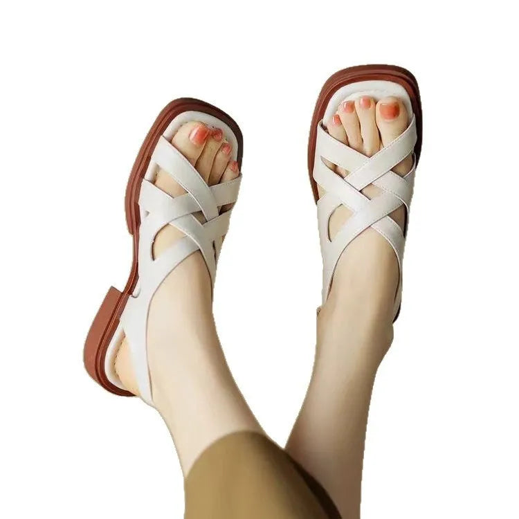 Women's glossy patent leather beach sandals with square toe and cross-strap design in three colour options