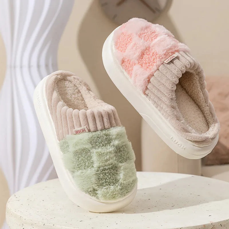 Women's plaid plush slippers in grey with a coral velvet upper and textured non-slip PVC sole.